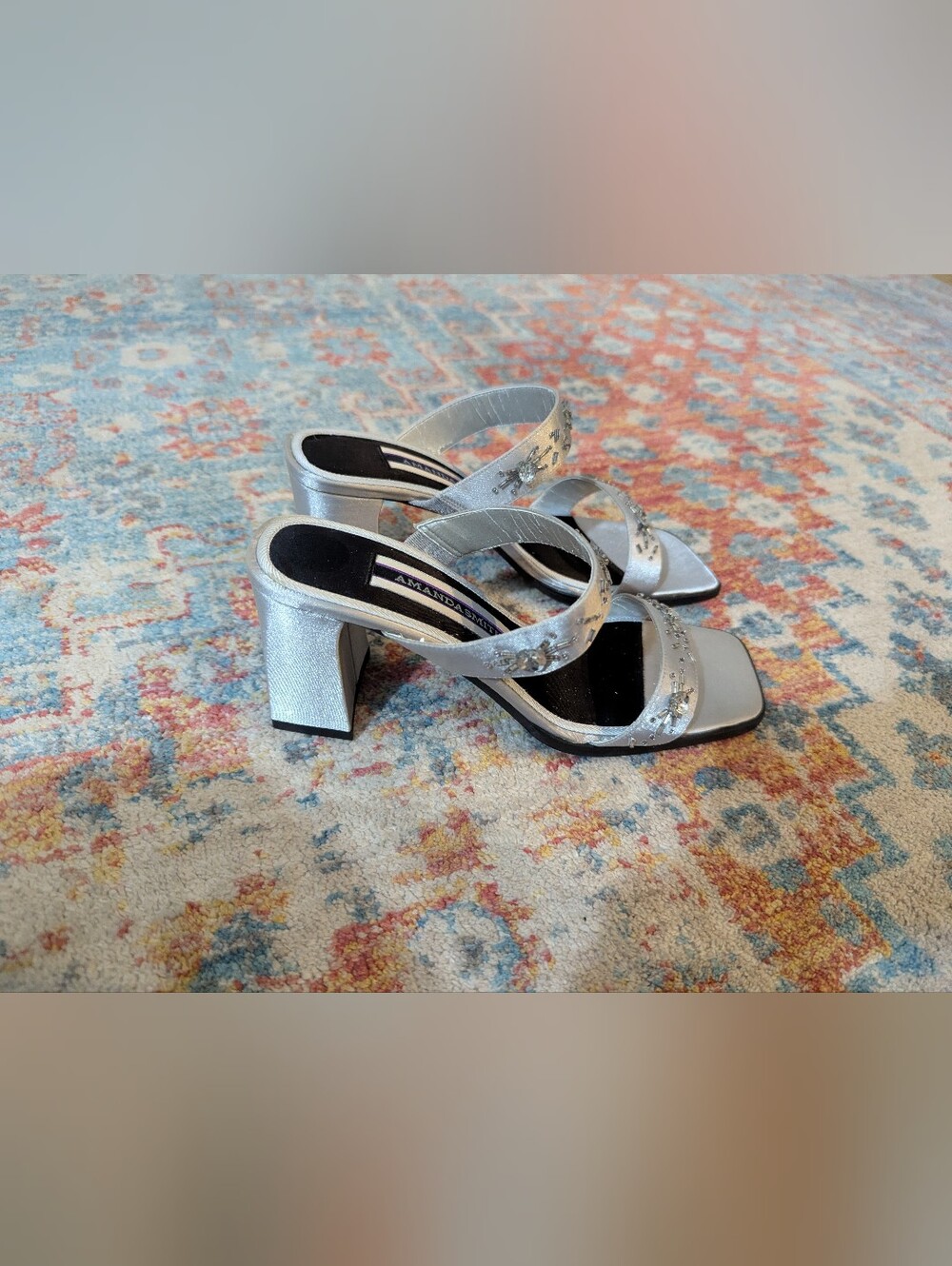 Y2K 90s Amanda Smith Silver Open Toe Heel Beaded Strap Sandals Wmns 6.5 Slip On